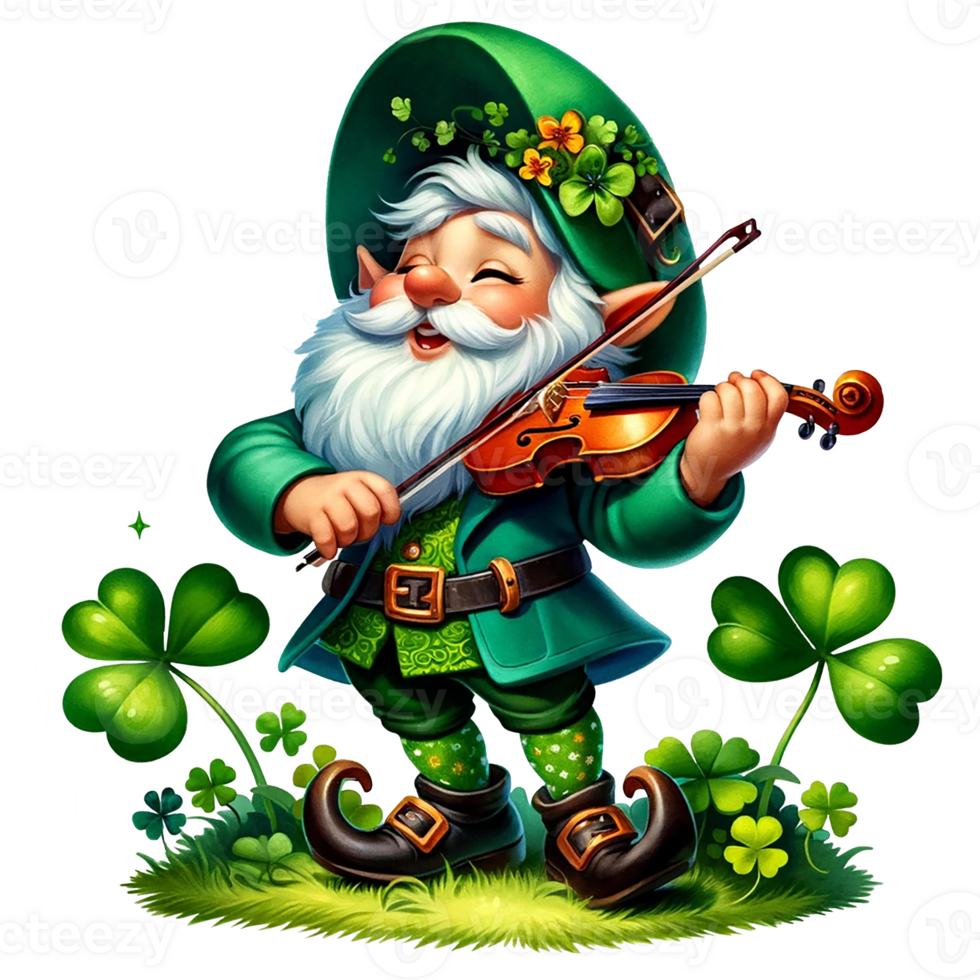 A cheerful leprechaun playing a violin among clovers. St. Patrick's day clipart cartoon png