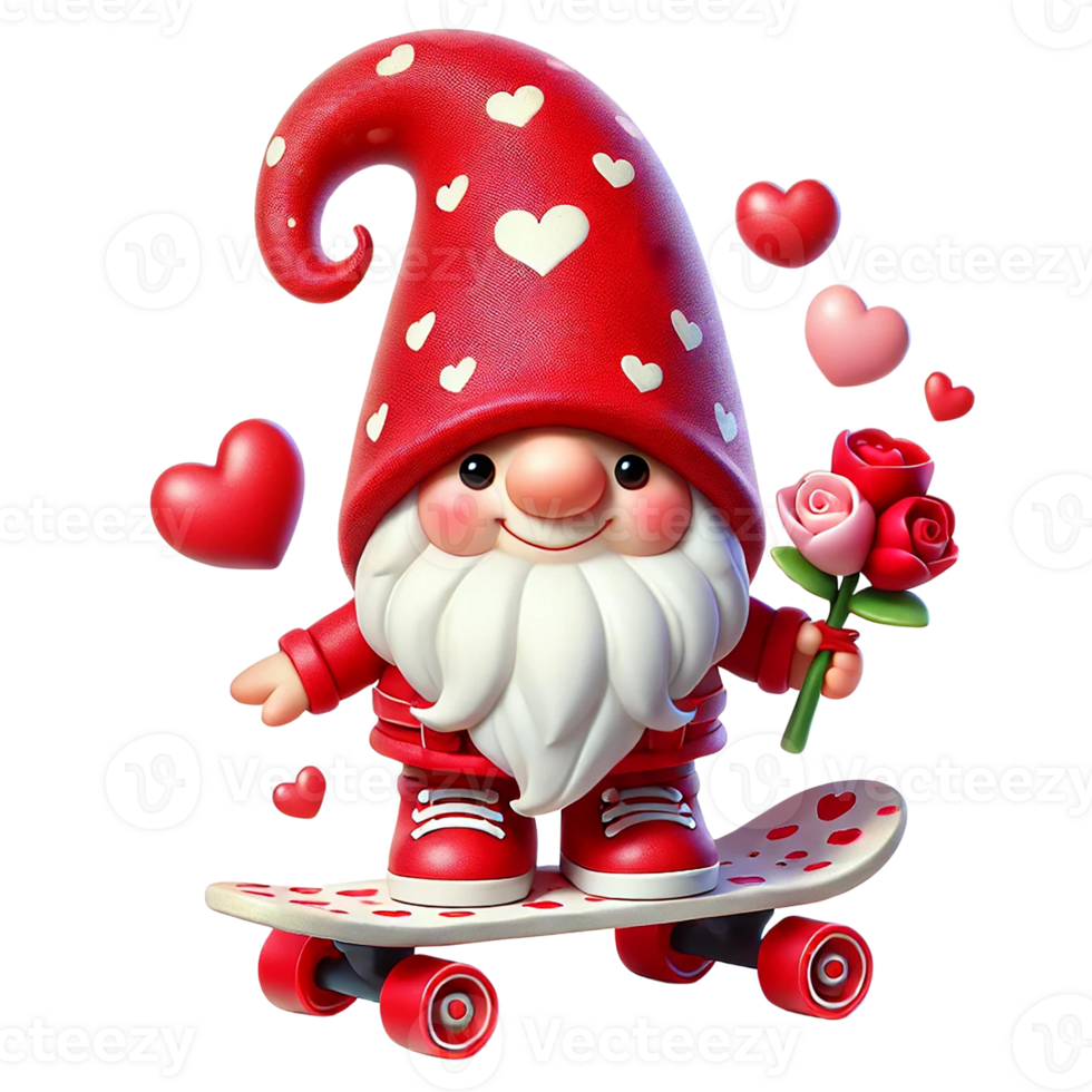 A whimsical gnome skateboarding with love-themed accessories. Valentine clipart cartoon. png