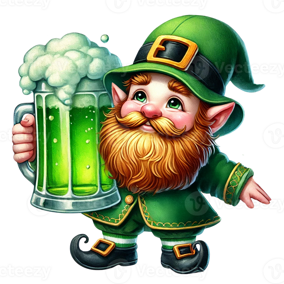 Cheerful leprechaun holding a frothy green beer in celebration. St. Patrick's day clipart cartoon png