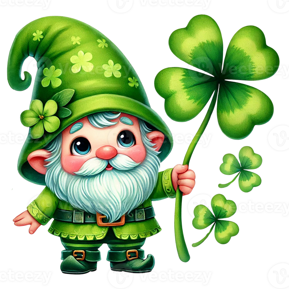 A cheerful gnome holding a four-leaf clover, symbolizing luck. St. Patrick's day clipart cartoon png