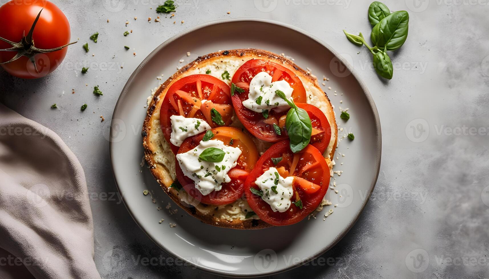 Homemade Tomato Ricotta Tartine on a Plate top view. Flat lay overhead from above. Copy space photo
