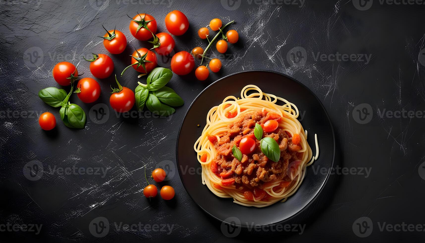 Delicious spaghetti with minced meat, cherry tomatoes, carrot on black stone background with copy space. Top view photo