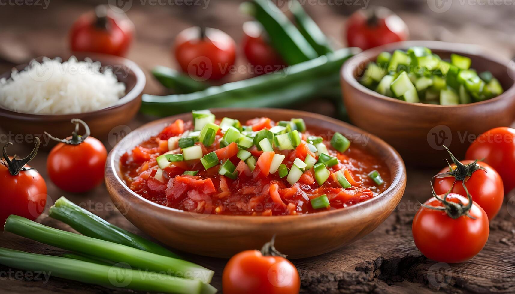 Hot salsa tomato with spring onion and red pepper on wood plate with garnish photo