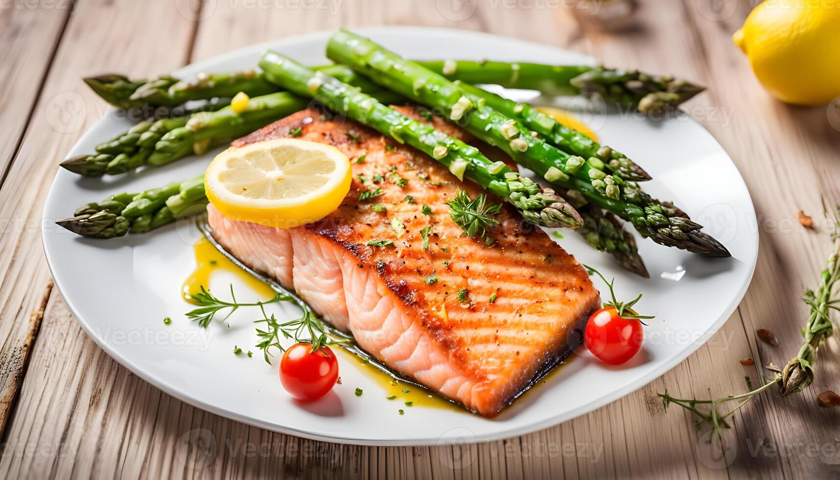 Fried salmon steak with cooked green asparagus cherry tomatoes and lemon slices served on white plate on wooden table photo