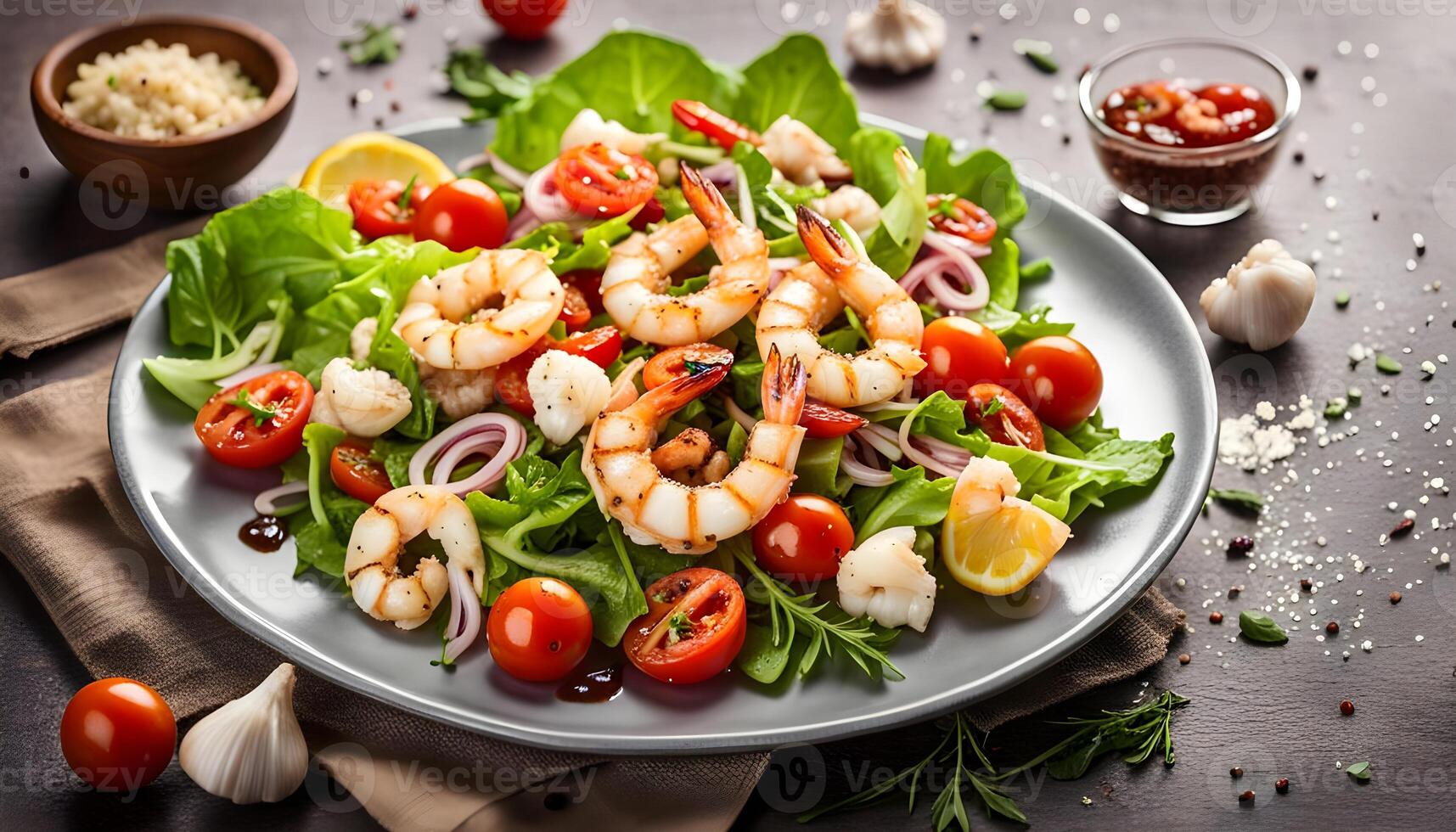 Grilled squid or calamari and shrimp salad with garlic croutons and cherry tomatoes. healthy food photo