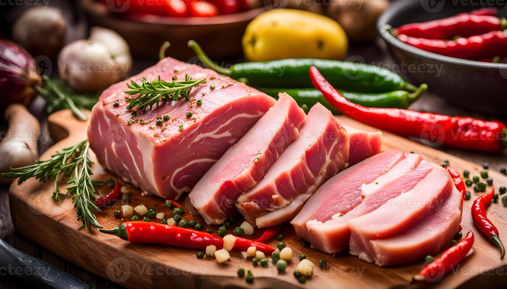 Raw Pork Loin cut ready to cook with chillies potatoes and thyme photo