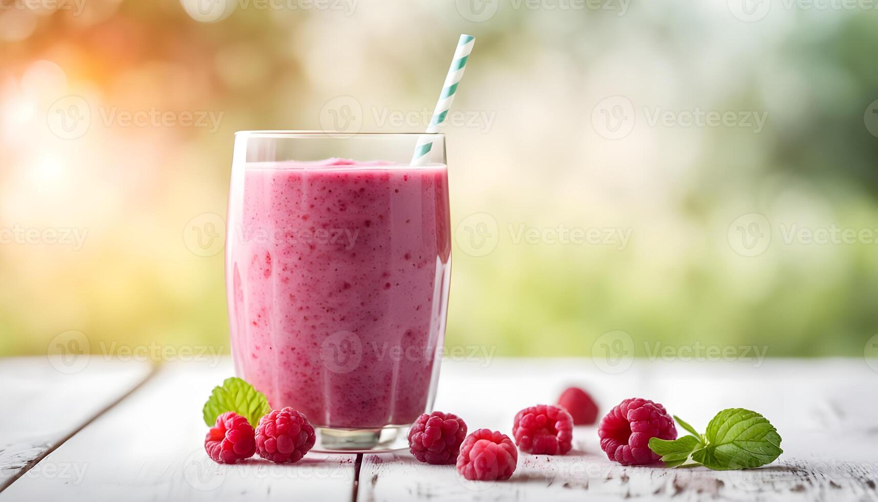 Raspberry smoothie in glass on white wooden table photo