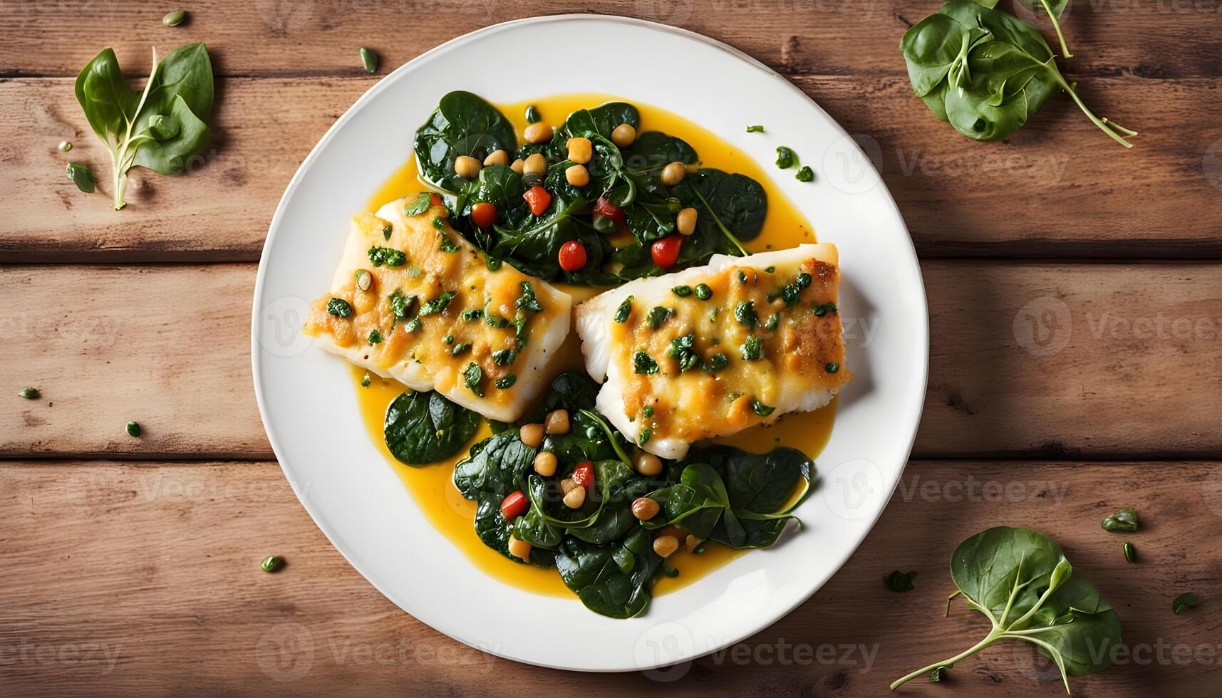 Fish dish - fried cod with spinach and capers in saffron sauce on wooden table photo