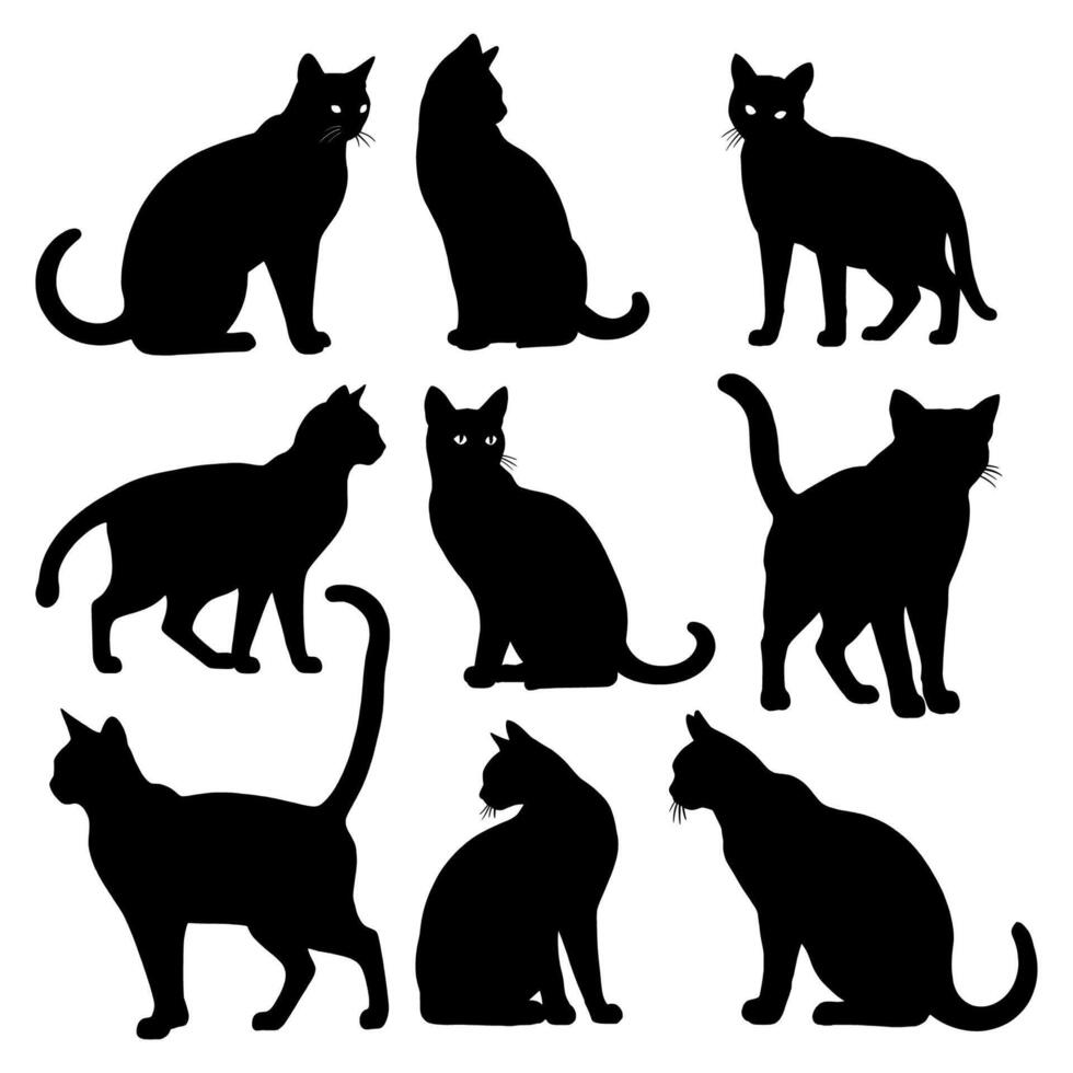 Collection of Nine Black Cat Silhouettes in Various Poses and Positions vector