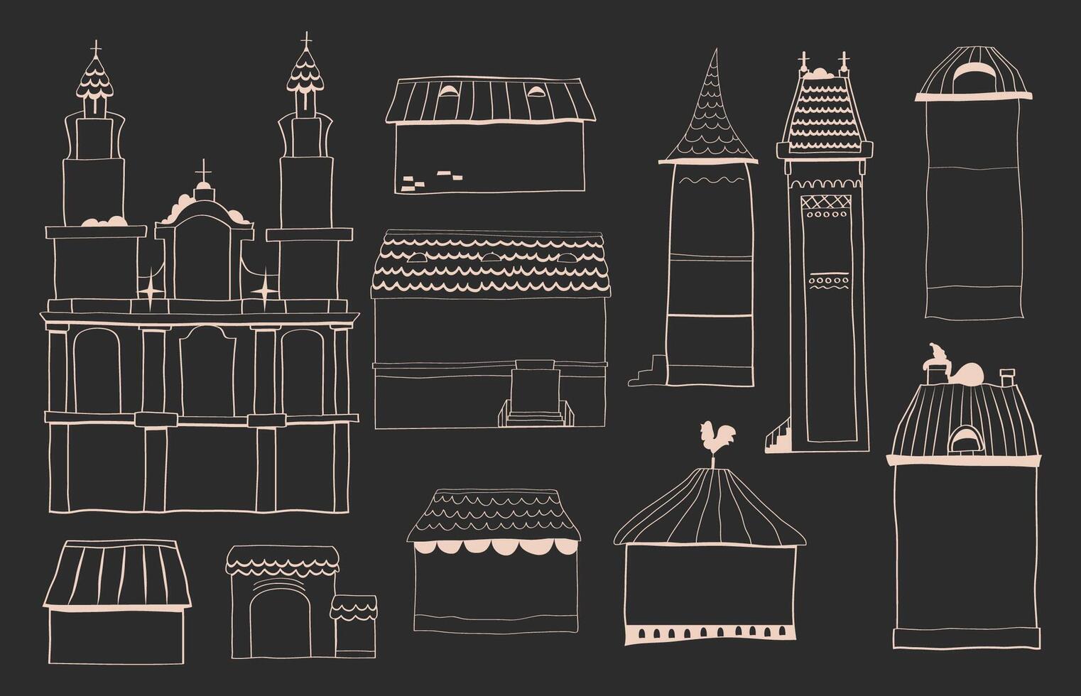 hand drawn Christmas houses, black and white graphics of houses, line illustrations of houses with snow, stencils of winter houses vector