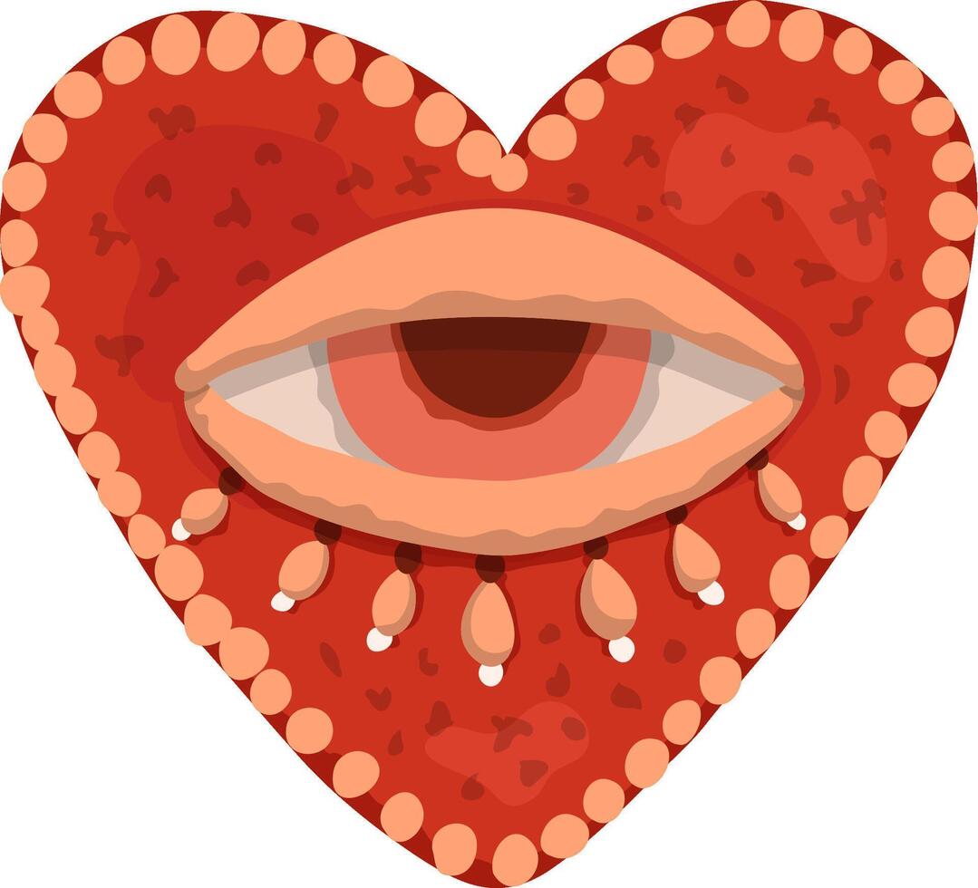Cartoon illustration of a red heart with eye. Valentine with beads. vector