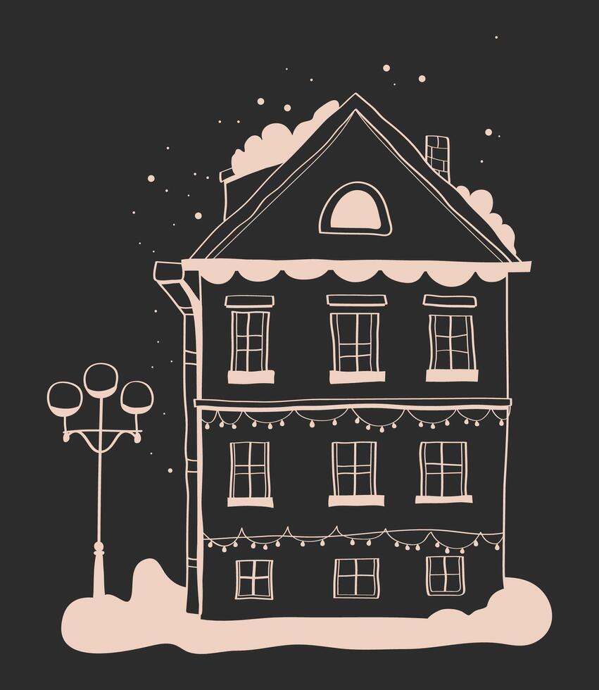 hand drawn Christmas house, black and white graphics of house, line illustration of house with snow vector