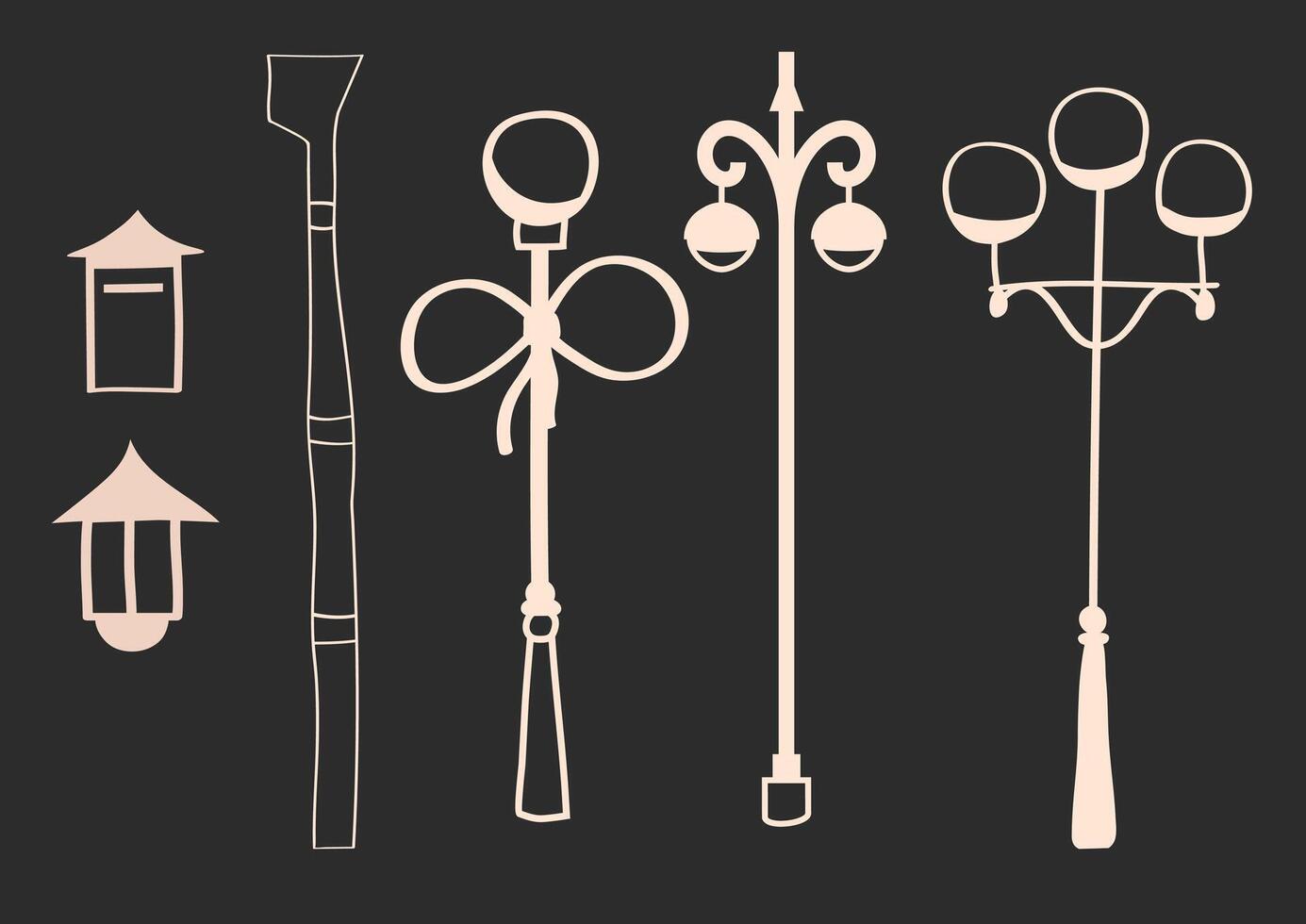 Vintage Lantern Set, Lamp Silhouettes, A set of street elements of buildings and roads, street lamps vector