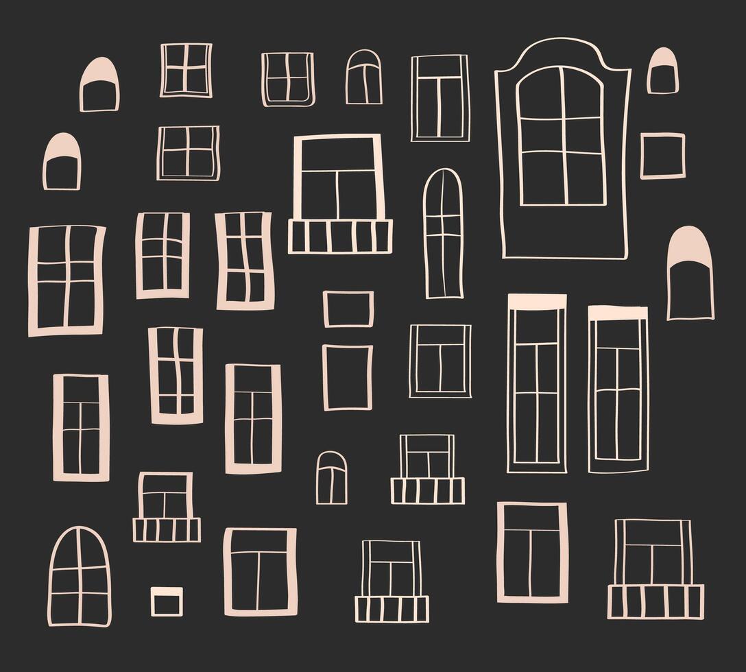 Vintage Window Set, Church Stained Glass, Loft Windows, Linear Window Prints, Christmas windows contour illustrations vector