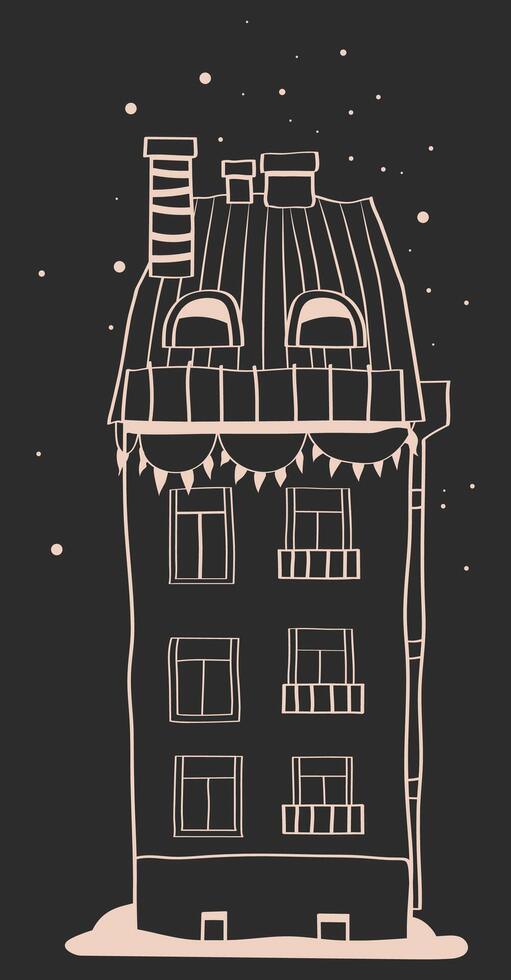 Hand drawn line Christmas house, black and white graphics of house vector