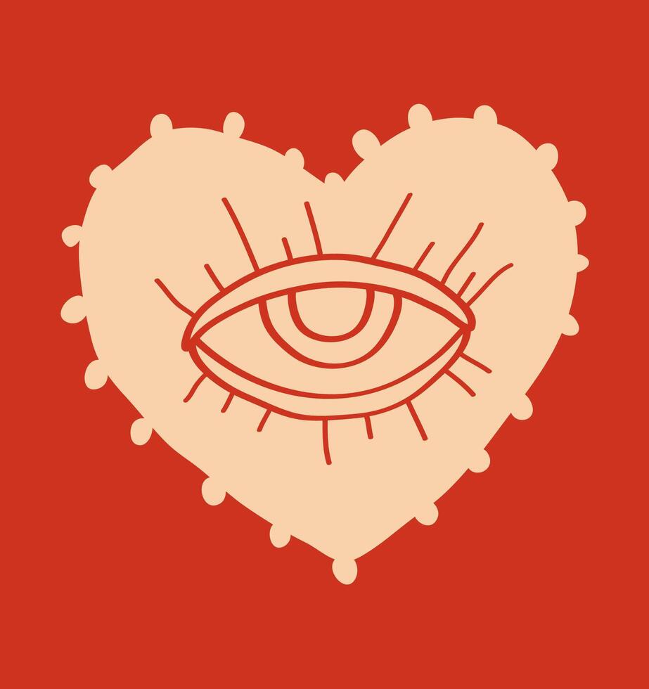 Eye icon in heart shape. Line art decor illustration on red background. vector