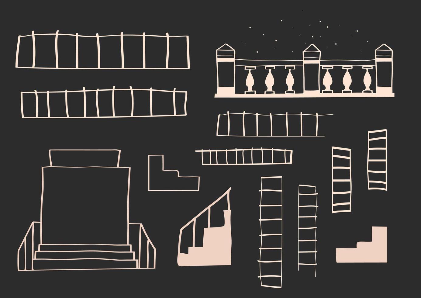 Contour elements of stairs and steps, illustrations of stairs and fences vector