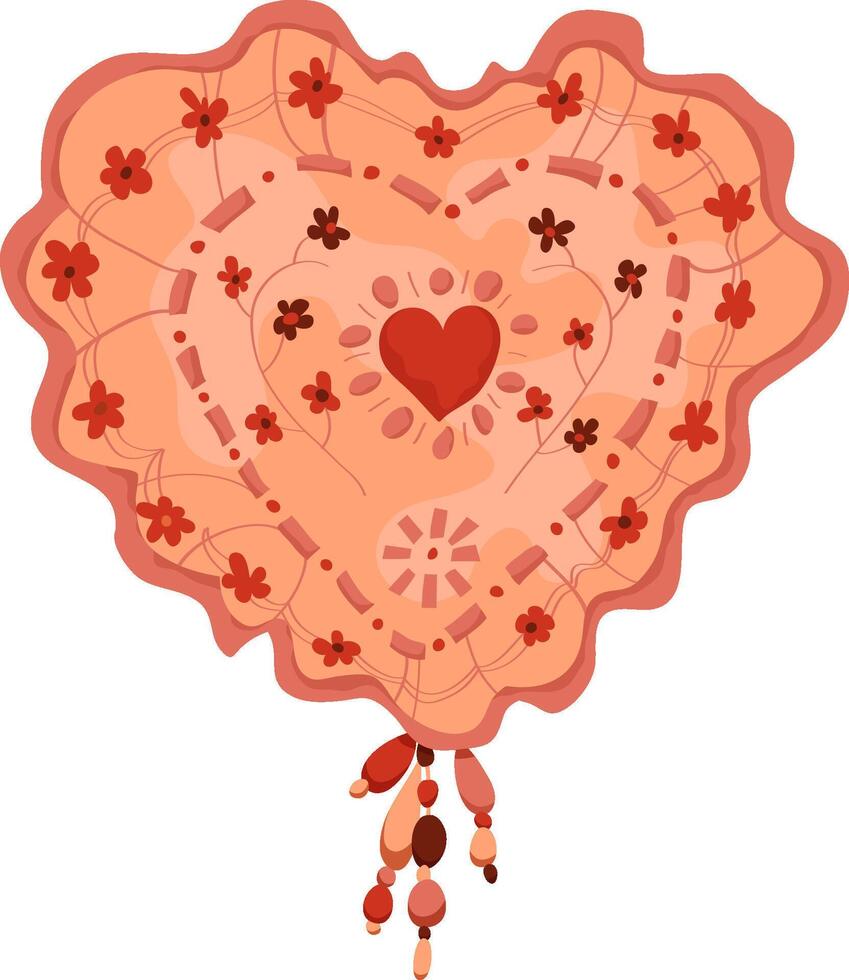 Vintage heart illustration, textile heart with embroidery and beads. Valentine's day greeting card with heart. Heart illustration. vector