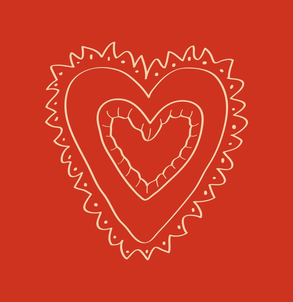 illustration of heart with teeth on a red background. Line art. Heart shape doodle. vector