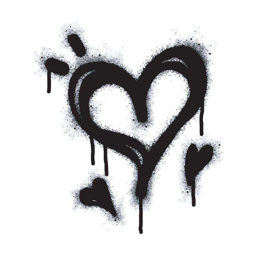 Spray Paint Graffiti heart icon isolated on white background. graffiti love icon with overspray in black on white. Illustration of heart shaped paint drops. vector