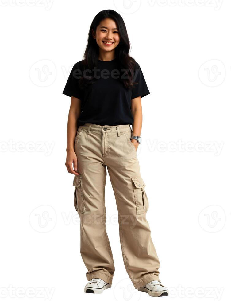 A woman in a black shirt and khaki cargo pants photo