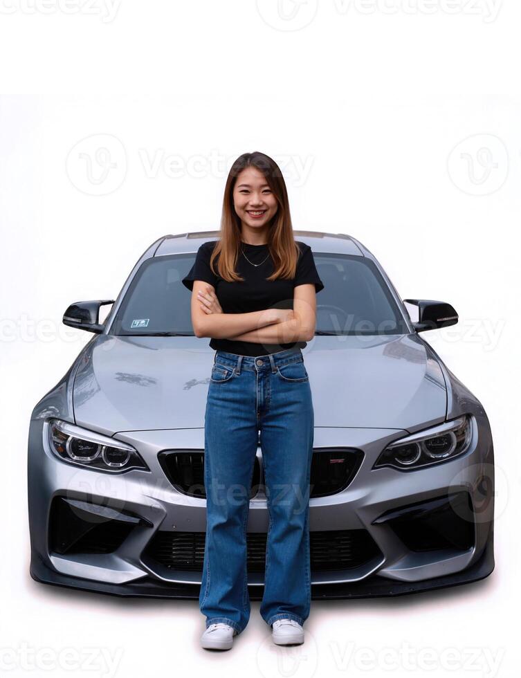 A woman standing next to a bmw car photo