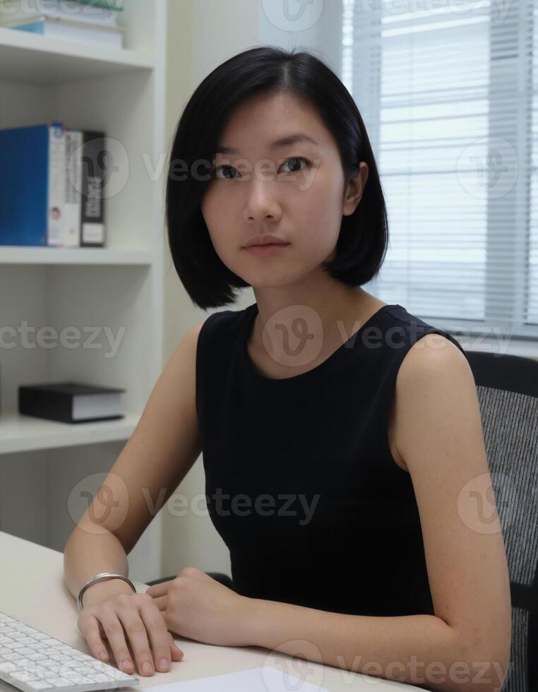 A woman sitting at a desk photo
