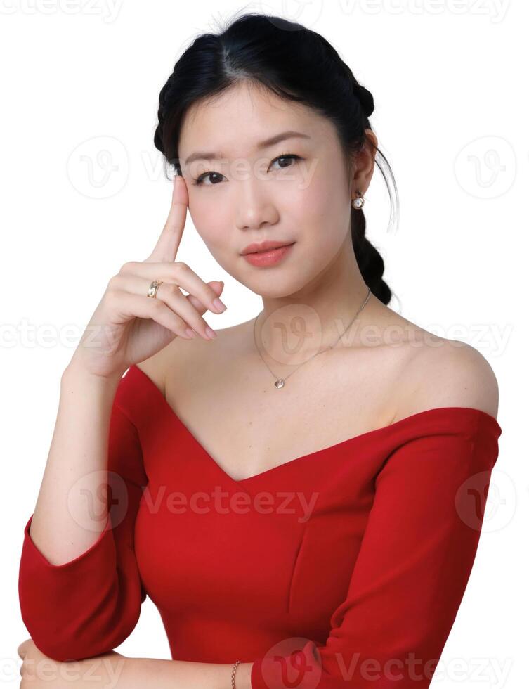 Asian woman in red dress posing for the camera photo