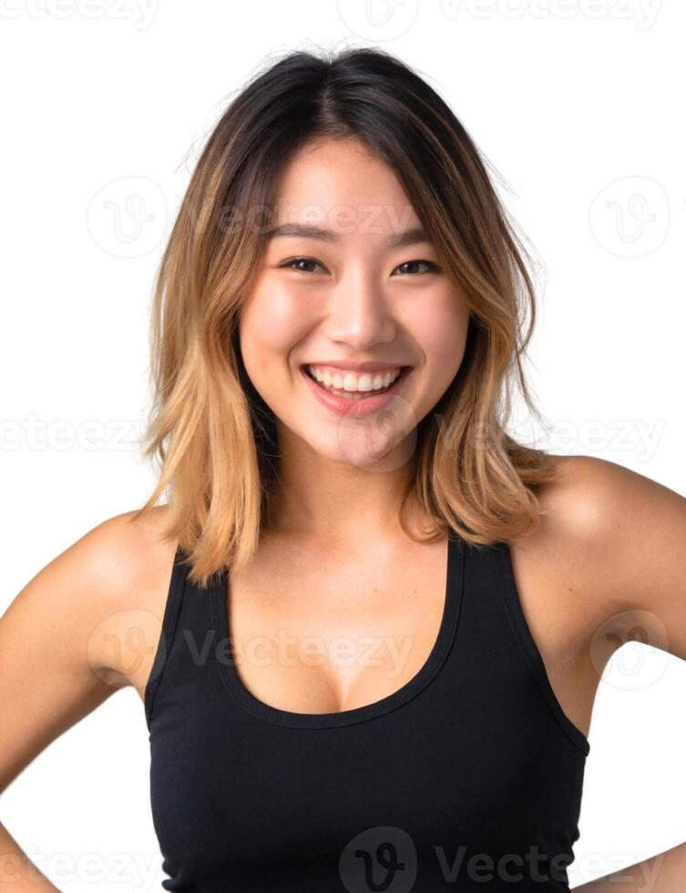 A woman in a black tank top smiling photo
