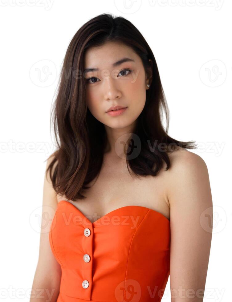 A woman in an orange dress posing for the camera photo