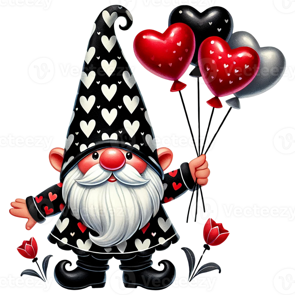 Cheerful gnome holding heart-shaped balloons, perfect for celebrations. Black Valentine's day concept. png