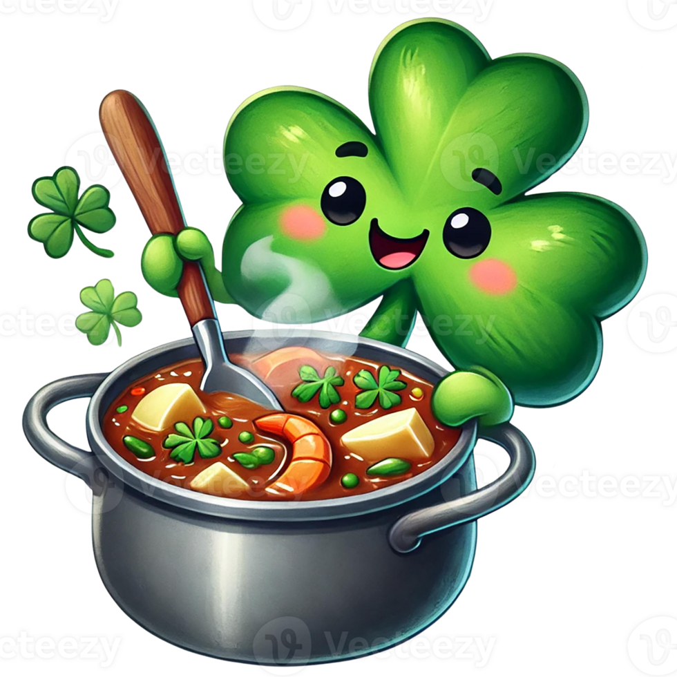 A cheerful clover character cooking a delicious stew. St. Patrick's Day concept. png