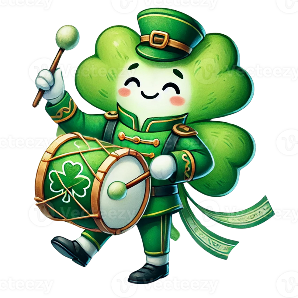 Cheerful green character playing a drum in festive attire. St. Patrick's Day concept. png
