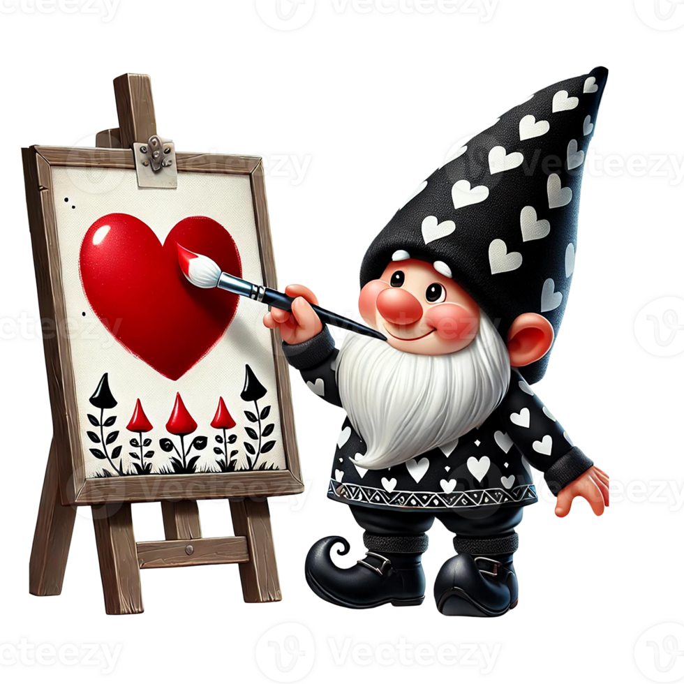 A cheerful gnome painting a heart on an easel with joy. Black Valentine's day concept. png