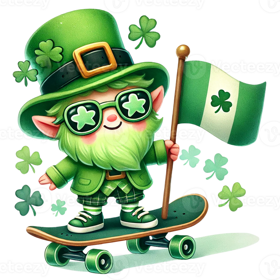 Playful leprechaun skater celebrating St. Patrick's Day. St. Patrick's Day concept. png