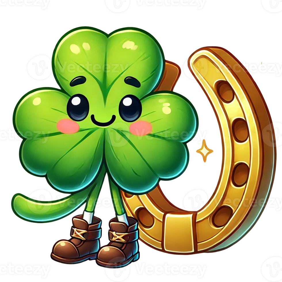 A cheerful cartoon clover beside a lucky horseshoe symbol. St. Patrick's Day concept. png