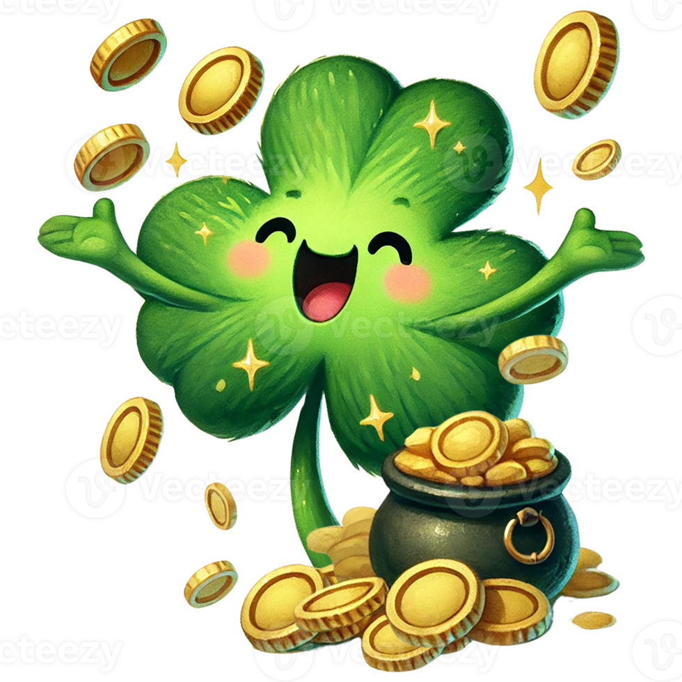 Cheerful clover character surrounded by shiny gold coins. St. Patrick's Day concept. png