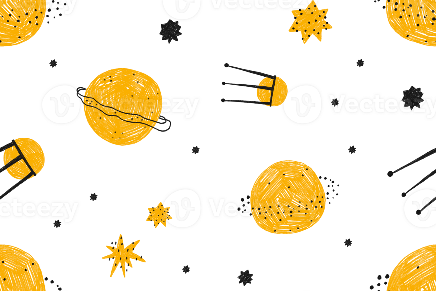 Yellow semless pattern with solar system, planets, space. Hand drawn cartoon space background for kids, children. png