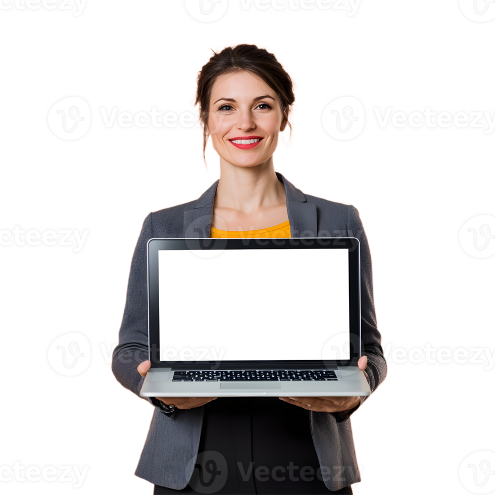 Woman Smiling and Holding a Laptop with No Background png