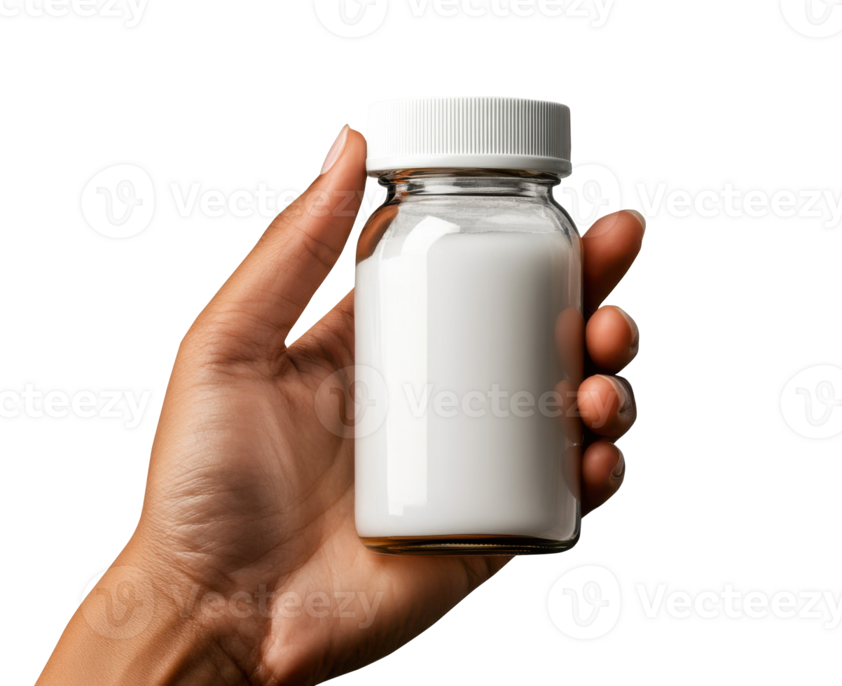 Hand holding a glass jar filled with white liquid in modern kitchen setting showing freshness and simplicity on transparent background png