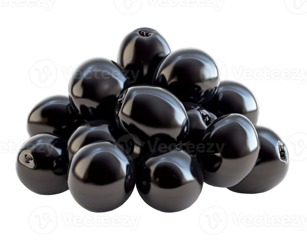 Fresh black olives piled together showcasing their shiny and smooth texture in natural light on transparent background png