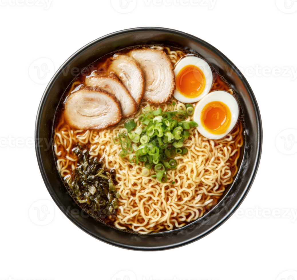 Freshly prepared ramen with pork slices, soft-boiled eggs, and green onions in a beautiful bowl on transparent background png