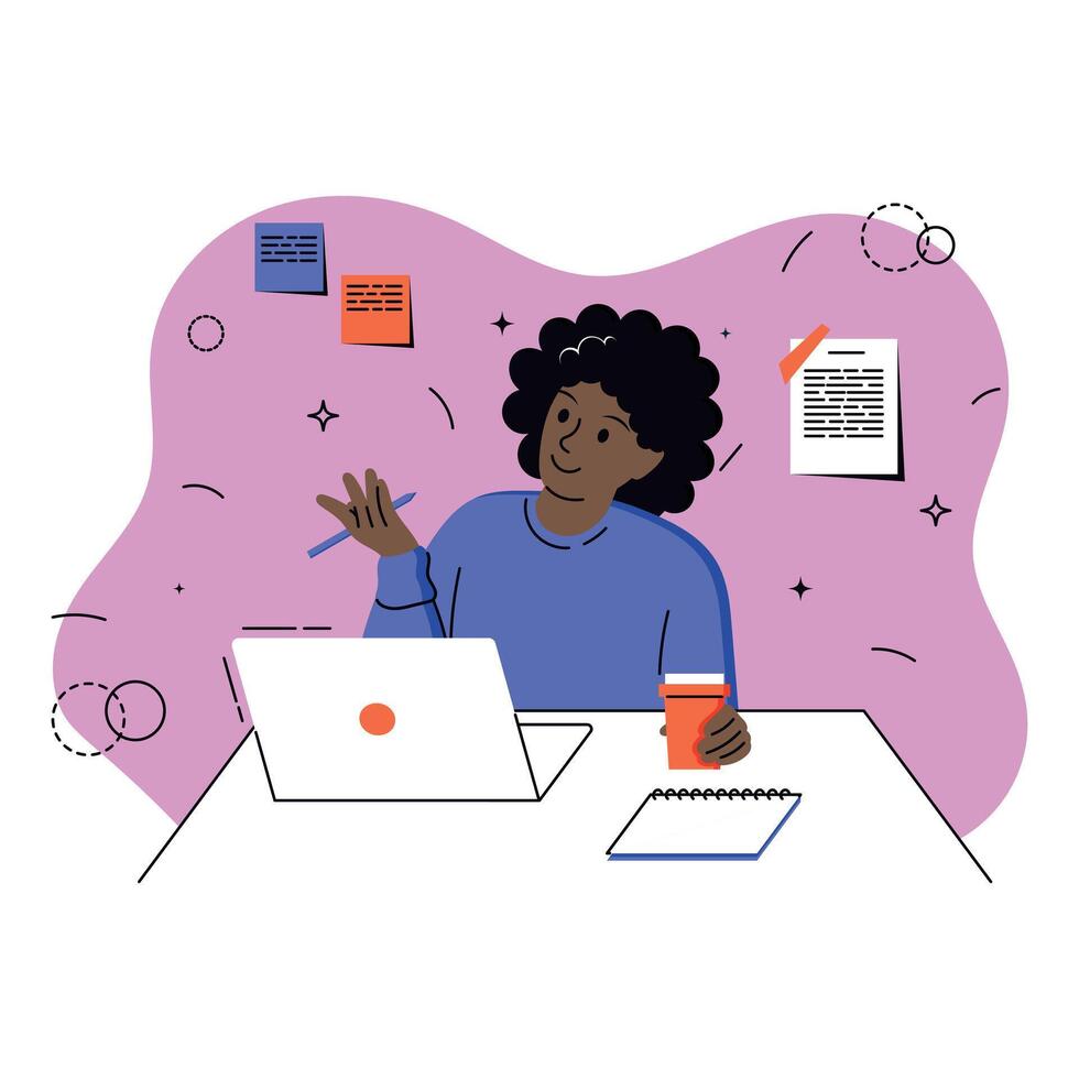 Woman with dark skin and curly hair drinks coffee, holds a pen and communicates on a computer, notes on the wall, a flat illustration, business situation vector