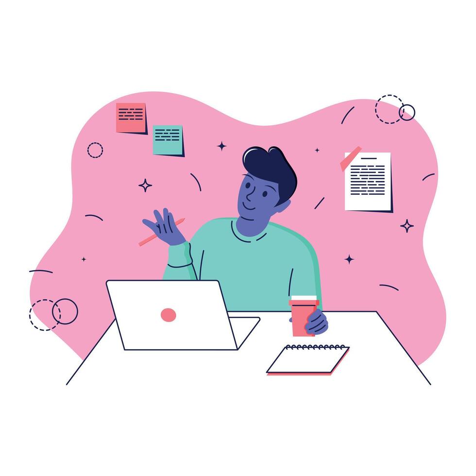 Man with dark hair and blue skin drinks coffee, holds a pen and communicates on a computer, notes on the wall, a flat illustration, business situation vector