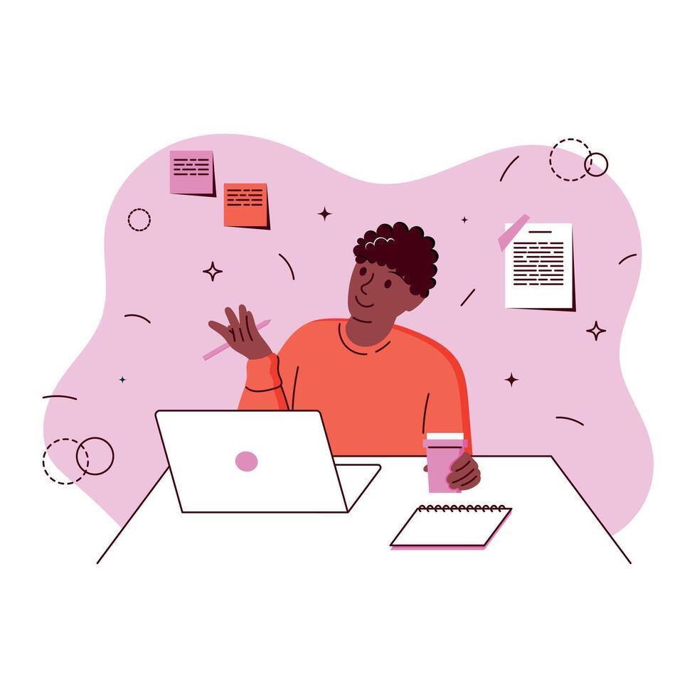 African-American man with curly hair drinks coffee, holds a pen and communicates on a computer, notes on the wall, a flat illustration, business situation vector