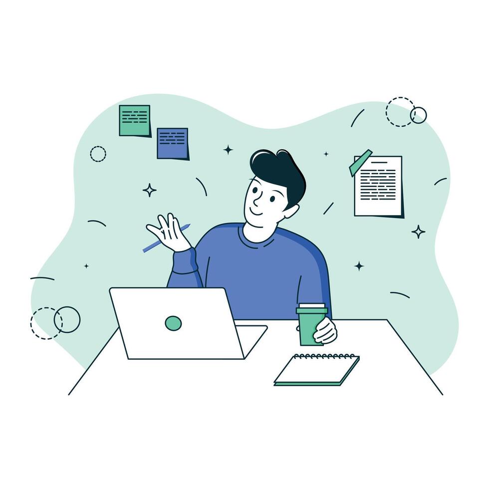 Man with dark hair drinks coffee, holds a pen and communicates on a computer, notes on the wall, a flat illustration, business situation, white and blue illustration vector