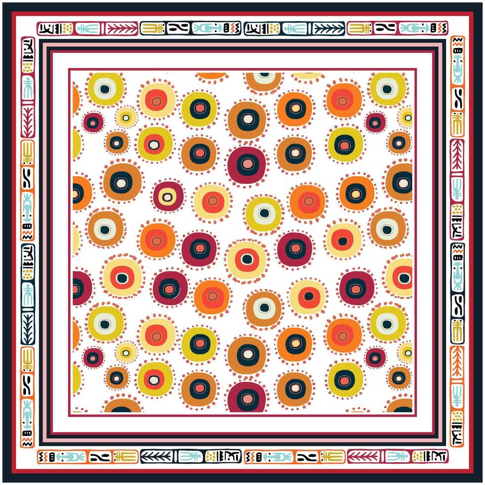 Colorful square print patterned scarf with concentric circles and decorative border. vector