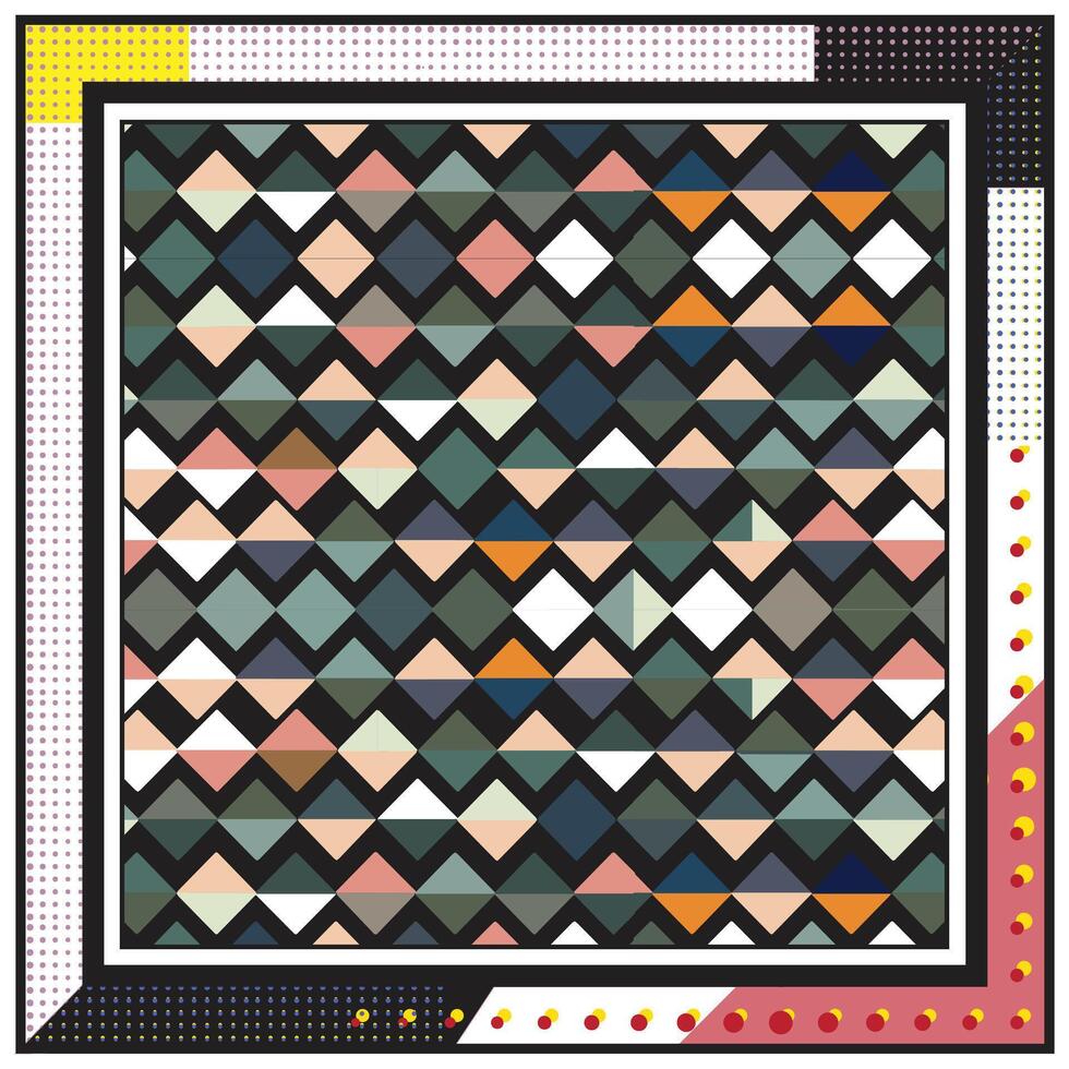 Abstract colorful square scarf print geometric pattern with a mosaic of triangles and decorative borders. vector