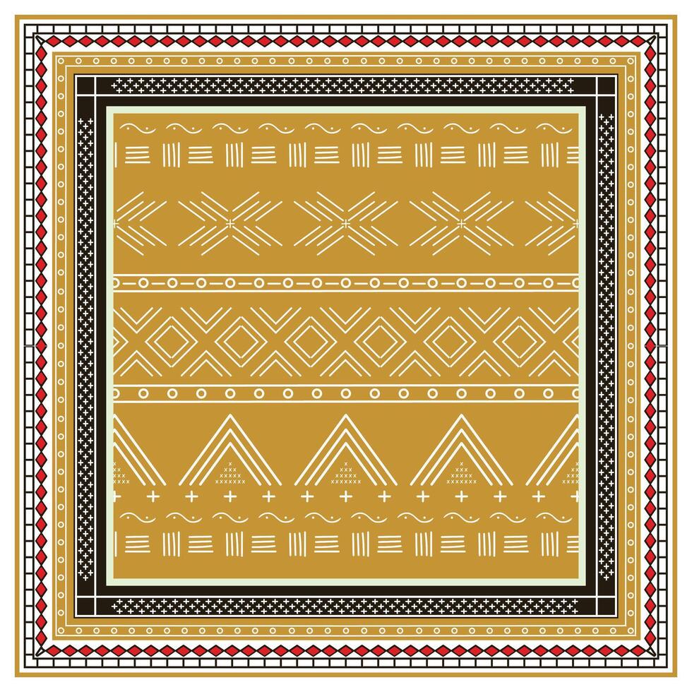 Pattern design with geometric square shapes scarf in gold, white, and black, bordered by intricate frames. vector