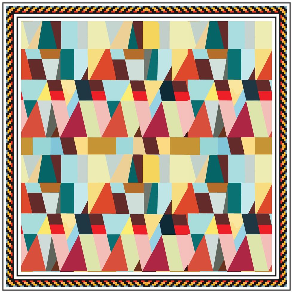 Abstract square scarf print, geometric quilt pattern with vibrant triangles and colorful border. vector